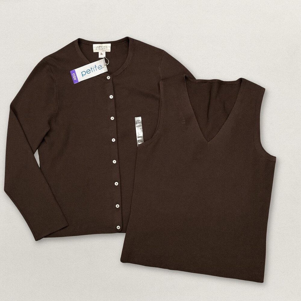 Worthington Petite Medium Twinset Cardigan Shell Top Brown